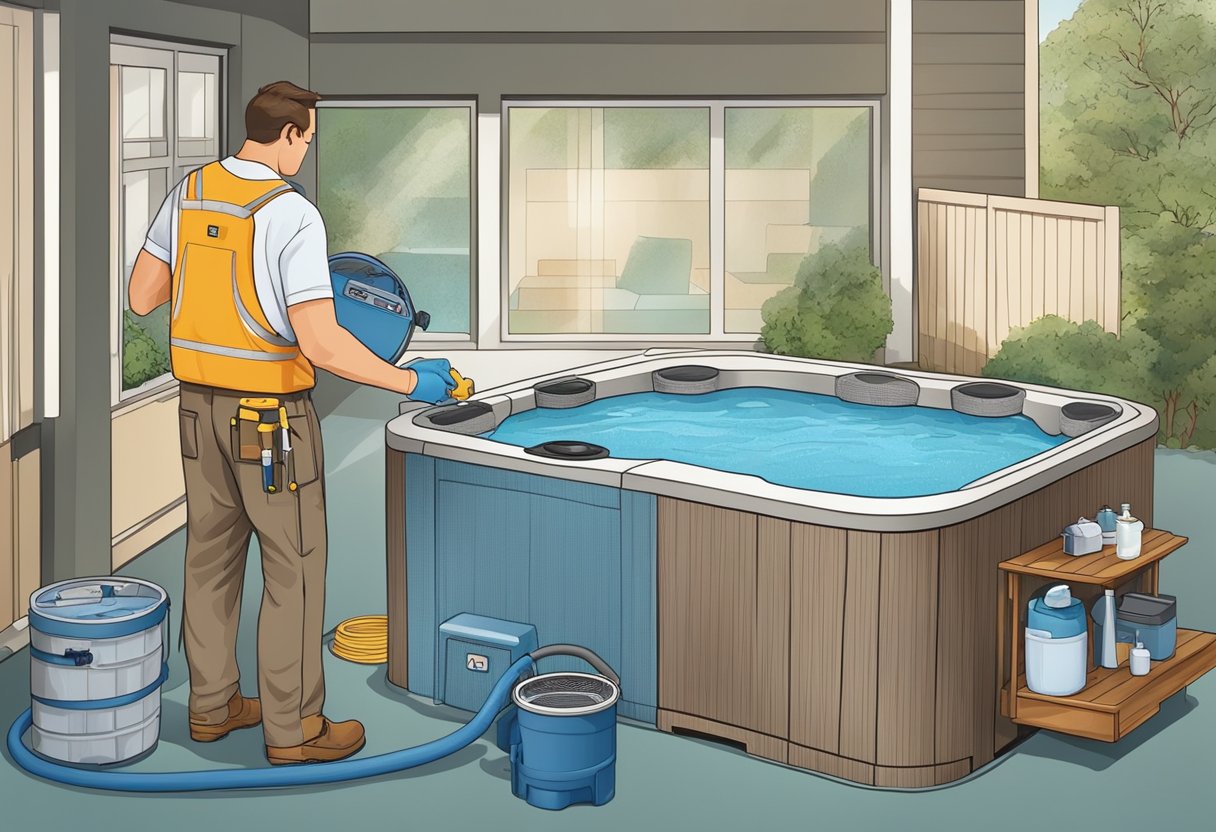 A hot tub technician diligently performs scheduled maintenance, checking water levels, cleaning filters, and inspecting equipment for optimal performance