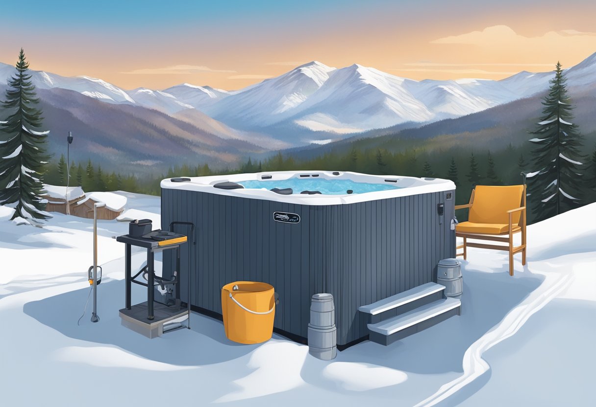 A hot tub surrounded by snowy mountains, with a technician performing maintenance tasks on the equipment