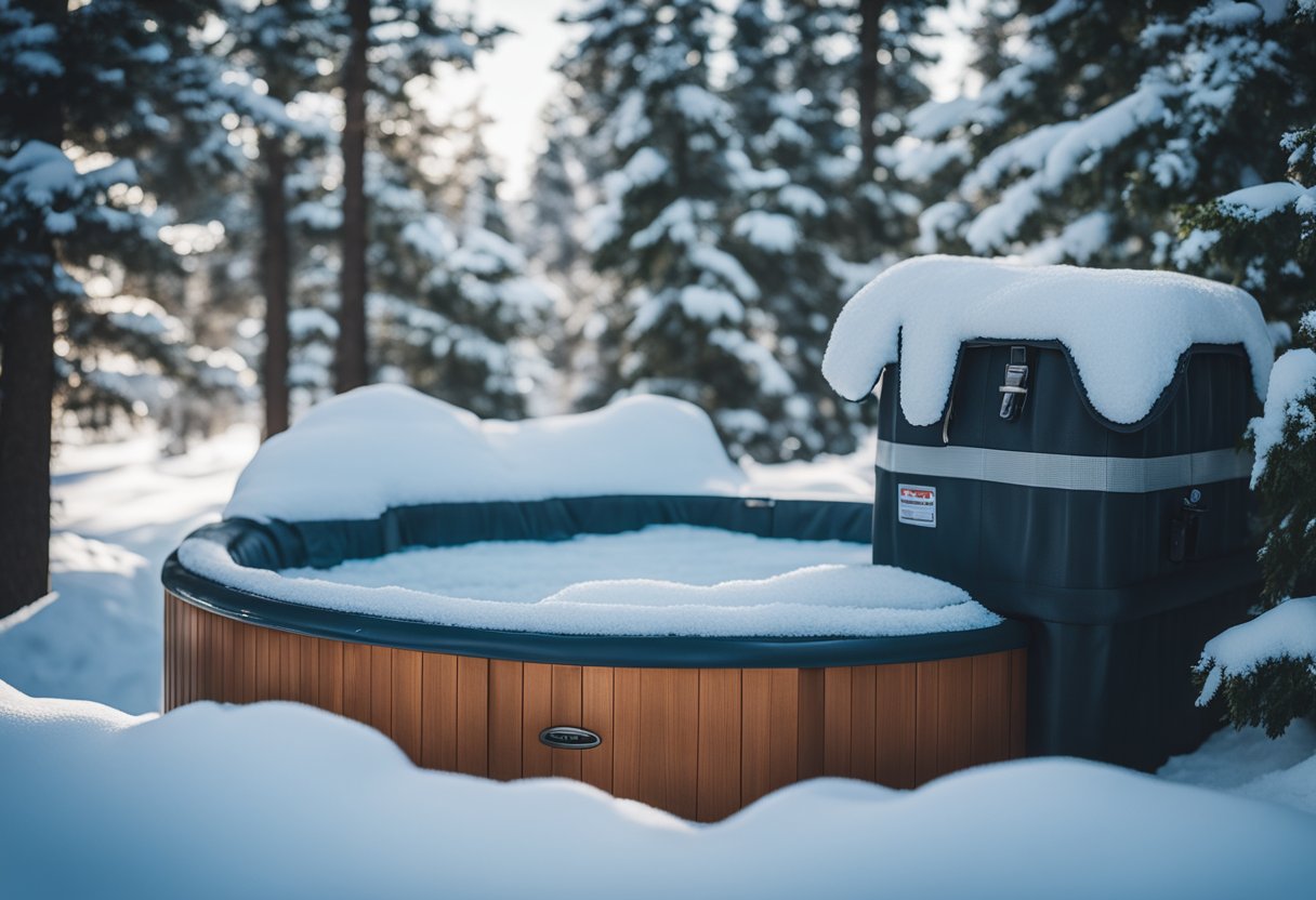 A hot tub sits covered in snow, with a protective cover secured tightly over the top, and a winterization kit nearby