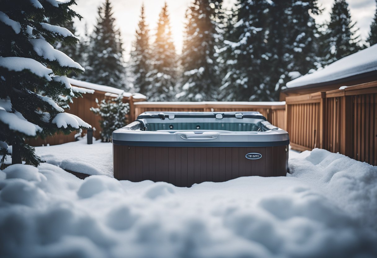 A hot tub sits empty in a snowy backyard. A cover is being securely fastened over the tub, and a winterization kit is being used to treat the water